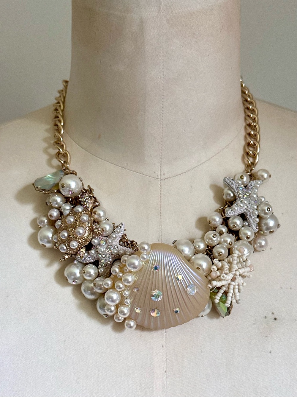 Betsey Johnson Pearl Shell Mermaid Statement Necklace Cruise Control Gold Tone